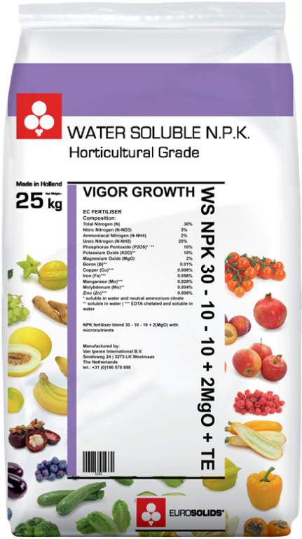 Eurosolids WS NPKs are top quality blends made from the purest raw materials, with limited caking sensitivity and with high level EDTA-chelated micro-nutrients for fertigation or foliar application. Eurosolids WS NPK | 30 - 10 - 10 + 2MgO + TE is part of our Vigor Growth line. Our Vigor Growth line comes with high Nitrogen formulas, destined to be used during periods of intensive vegetative growth and protein build up in grain or fruit. A healthy green plant is crucial to secure adequate photosynthesis and high yields
