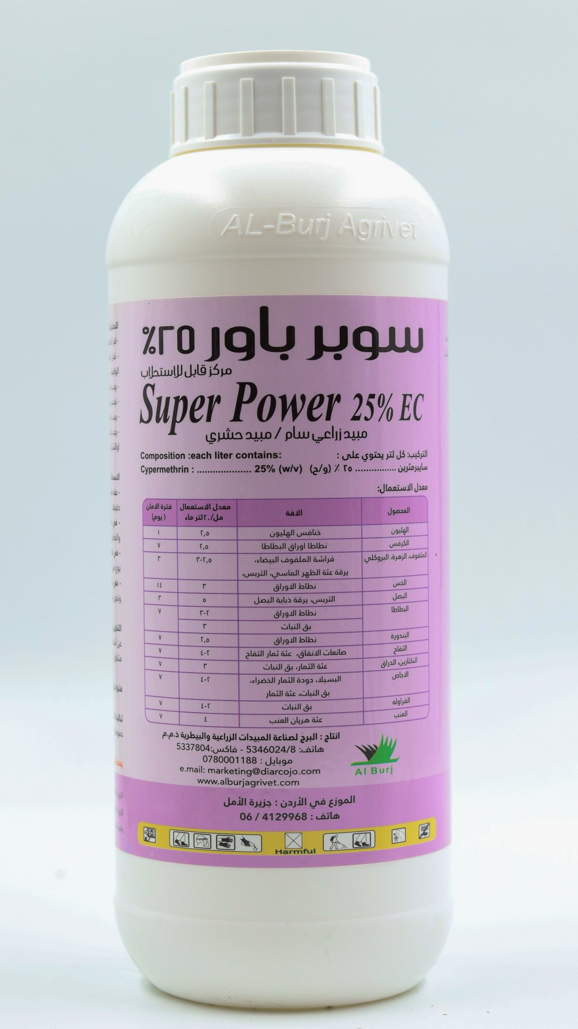 Super Power 25 % EC Cypermethrin 25 % (w/v).
Non-systemic pyrethroid insecticide works by contact and digestive system. Effective insecticide that has gained immunity against chlorinated, phosphorous and hydrocarbon compounds.