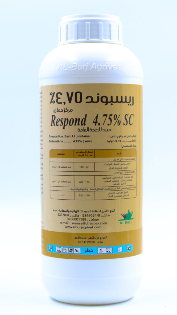 Respond 4.75% SC
Daltamethrin 4.75% (W/W).
A non-systemic pyrethride insecticide that works by contact and digestive system Effective insecticide for insect killers, flies, ants, cockroaches, moths, dreams, bed bugs, spiders, wasps and fleas.