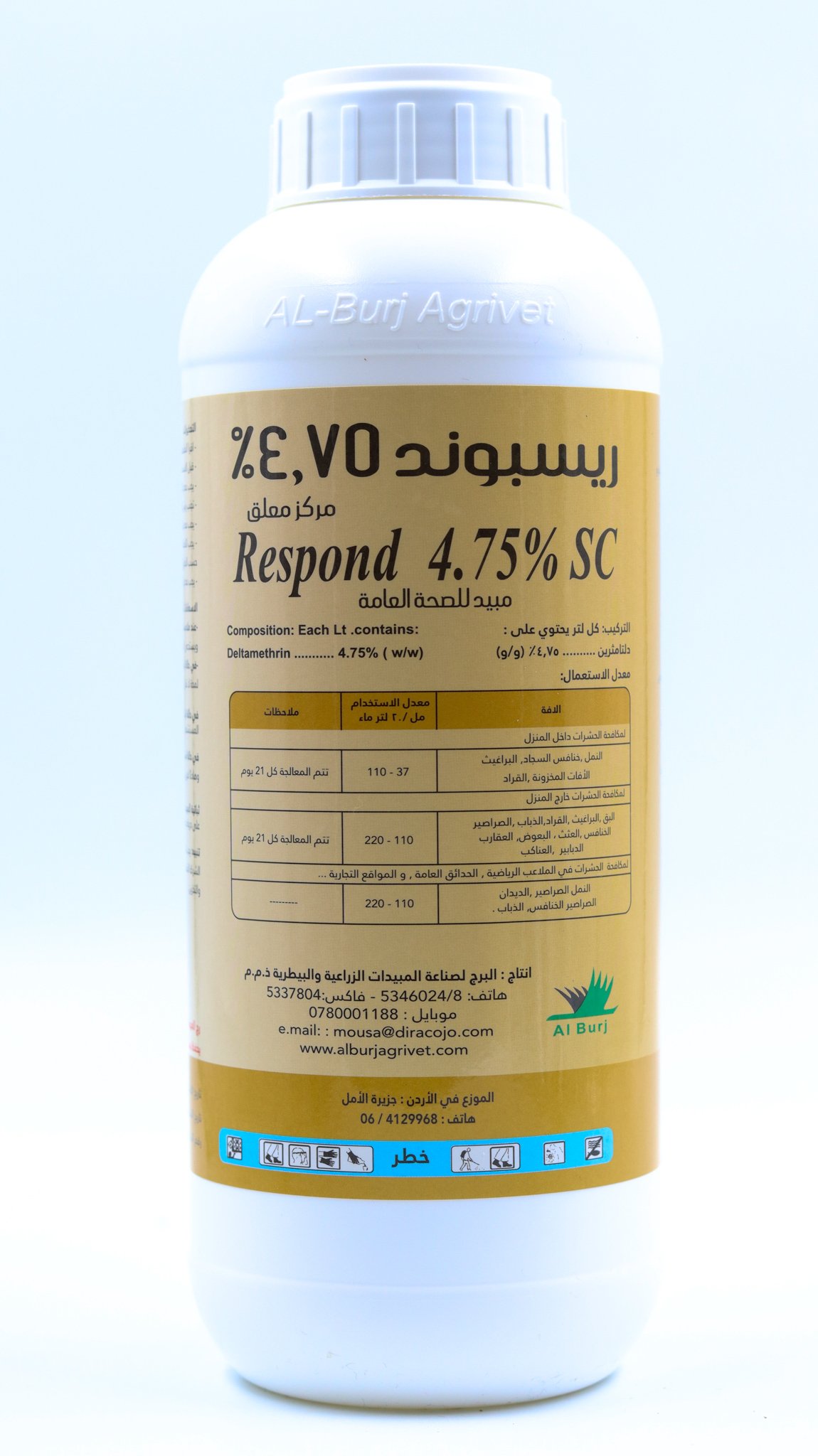 Respond 4.75% SC
Daltamethrin 4.75% (W/W).
A non-systemic pyrethride insecticide that works by contact and digestive system Effective insecticide for insect killers, flies, ants, cockroaches, moths, dreams, bed bugs, spiders, wasps and fleas.