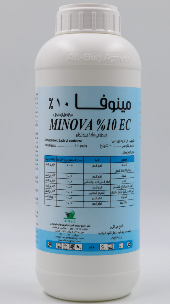 Minova 10% EC
Hexythiazox 10% (w/v).
Non-systemic Acaricide with contact action , Used to Control eggs and larva of many phytophagous mites, it has the permeability property, Absorbed by leaves.