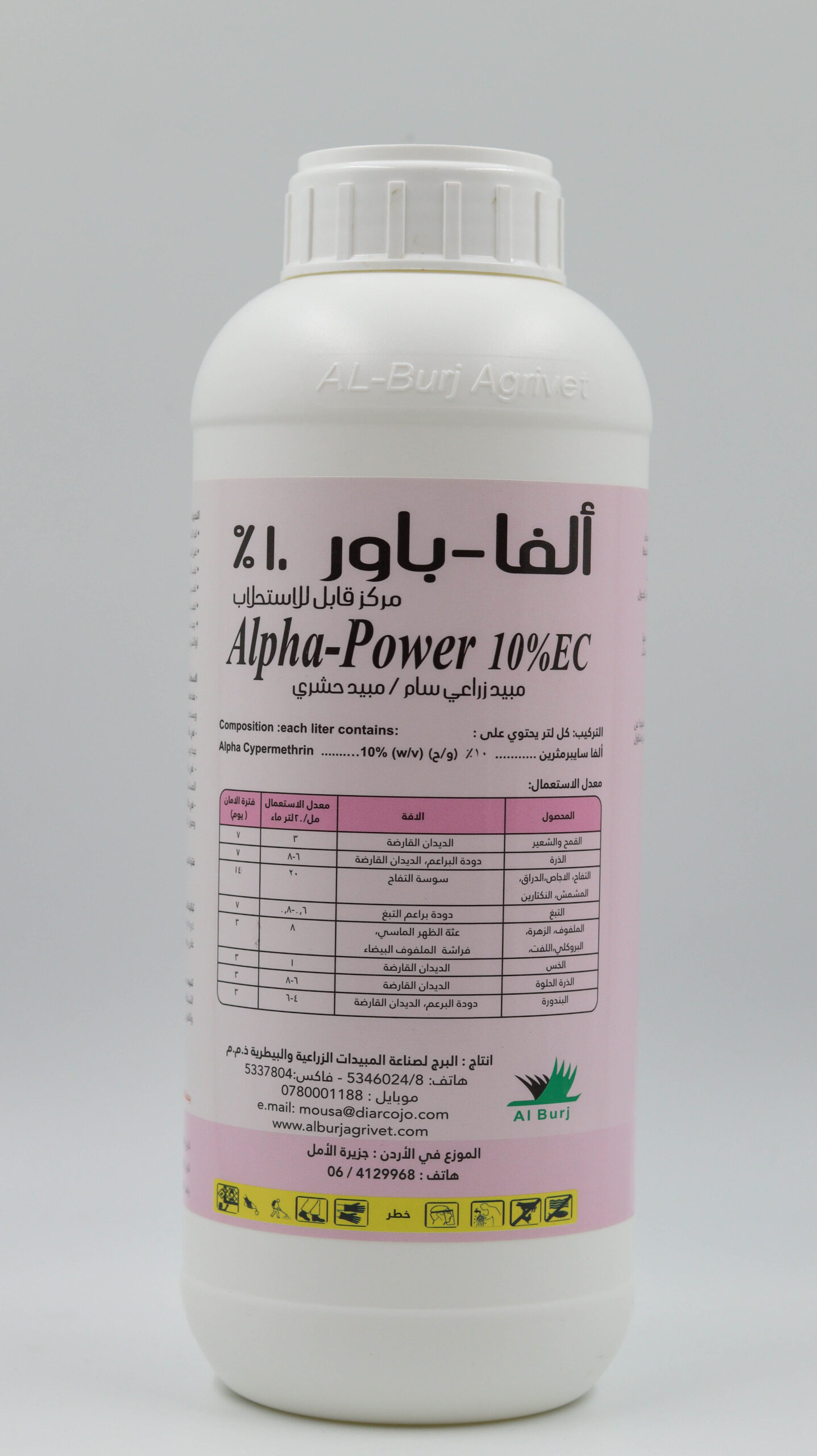 Alpha power 10% EC
Alpha- Cypermethrin 10% (w/v). 
Non-systemic Pyrethroid insecticide with contact and stomach action,used to control Coleoptera and Lepidoptera and other insects on many crops