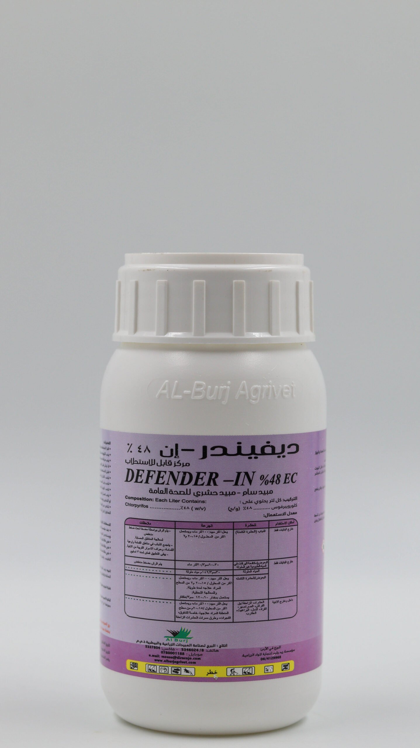 Defender-In 48% EC Chlorpyrifos  48% (w/v)ز
Non-systemic public health insecticide with contact, stomach and respiratory action , Used on outside buildings in cities and villages, as well as inside home and Highly effective pesticide against larva and adult insects.