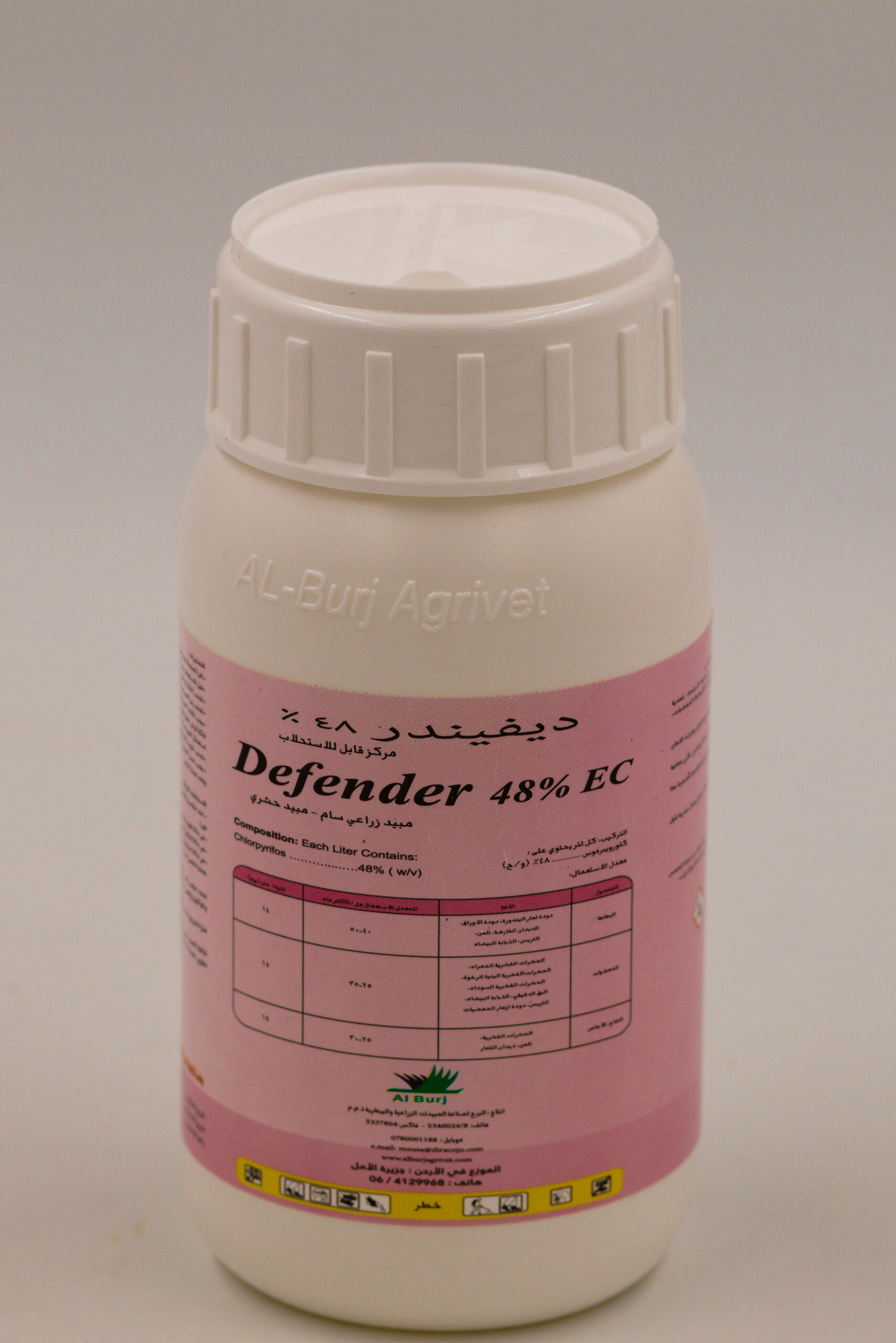 Defender 48 %EC
Clorpyrifos  48% (w/v).
Non-systemic insecticide with contact, stomach, and respiratory action used to Control Coleoptera, Diptera and Lepidoptera on many crops such as: Potato, Citrus , Apple and Pear.